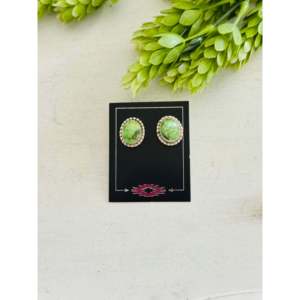 Navajo-Made Sonoran Mountain Turquoise & Sterling <b>Silver</b> <b>Stud</b> Earrings Bezel Setting for Gift - Product Image 1