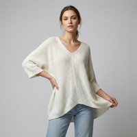 Pull d'hiver bohème pour femme en maille lâche, col en V, manches longues, 15 % alpaga, respirant, tricoté à la machine, motif uni, longueur standard