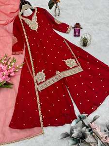 Designer Traditional Ethnic 3-Piece Readymade Salwar Kameez Sharara Indian Embroidery Work Summer Parties Stitched Georgette - Product Image 2