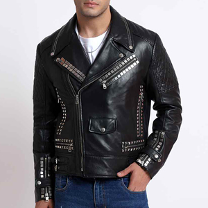 2025 nouvelle Collection automne hiver vente chaude hommes en peau de mouton véritable moto métal rivet veste en cuir noir clouté Style - Product Image 1