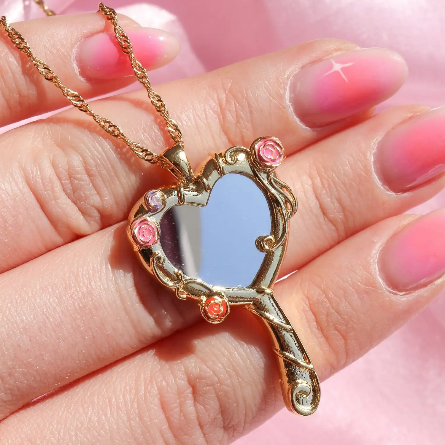 Magical Mirror 40CM Necklace Love Frame Inlay Authentic Mirror Pendant 18k Gold Necklace Heart shaped Mirror Pendant Necklace