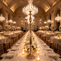 En gros, Grand chandelier doré à 5 bras en métal pour centres de table de mariage, banquets, hôtels et location, Fourniture en gros