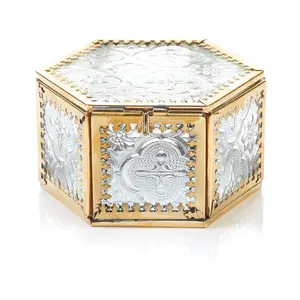 优雅的透明玻璃珠宝收纳架婚戒盒，带超蚀刻六角透明玻璃首饰盒