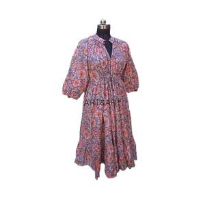 Vestido MIDI con estampado de bloque floral Vestido largo floral de verano informal con cuello en V de algodón suave - Product Image 5