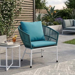 Fauteuil de jardin extérieur Teal avec structure en métal blanc, fauteuil en corde tressée avec coussins, pour l'aménagement de terrasse, design artistique et pur pour la décoration - Product Image 4