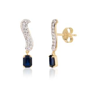 Boucles d'oreilles pendantes en saphir bleu et diamants - Product Image 1
