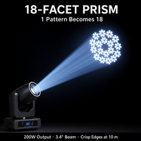 Tête mobile à faisceau LED 200W 3.4 °   Projecteur à faisceau puissant 7+1 avec roue chromatique, prisme à 18 facettes et anneau halo, 14 canaux DMX512 pour scène, club, DJ, discothèque