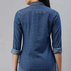 Chemise boutonnée en jean à carreaux décontractée pour femme, couture soignée, ourlet arrondi, respirante, évacuant l'humidité, tissu écologique, confort hivernal - Product Image 3