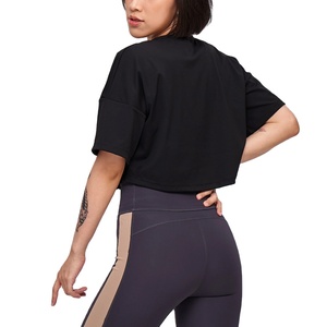 T-shirt court tendance en maille respirante unie pour femme, personnalisable sur le devant, en Spandex/Coton écologique, vêtement de sport d'été à manches courtes - Product Image 4