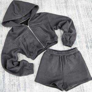 New Design Customized <b>Zip</b> <b>Up</b> <b>Crop</b> <b>Hoodie</b> & Shorts Sets OEM Solid Short OEM 100% Cotton Sets 2 piece Women's Sets - Product Image 2