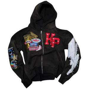 Sudadera con capucha para hombre con cremallera, diseño gráfico, forro polar, estilo urbano, diseño adornado, manga desgastada, informal - Product Image 5