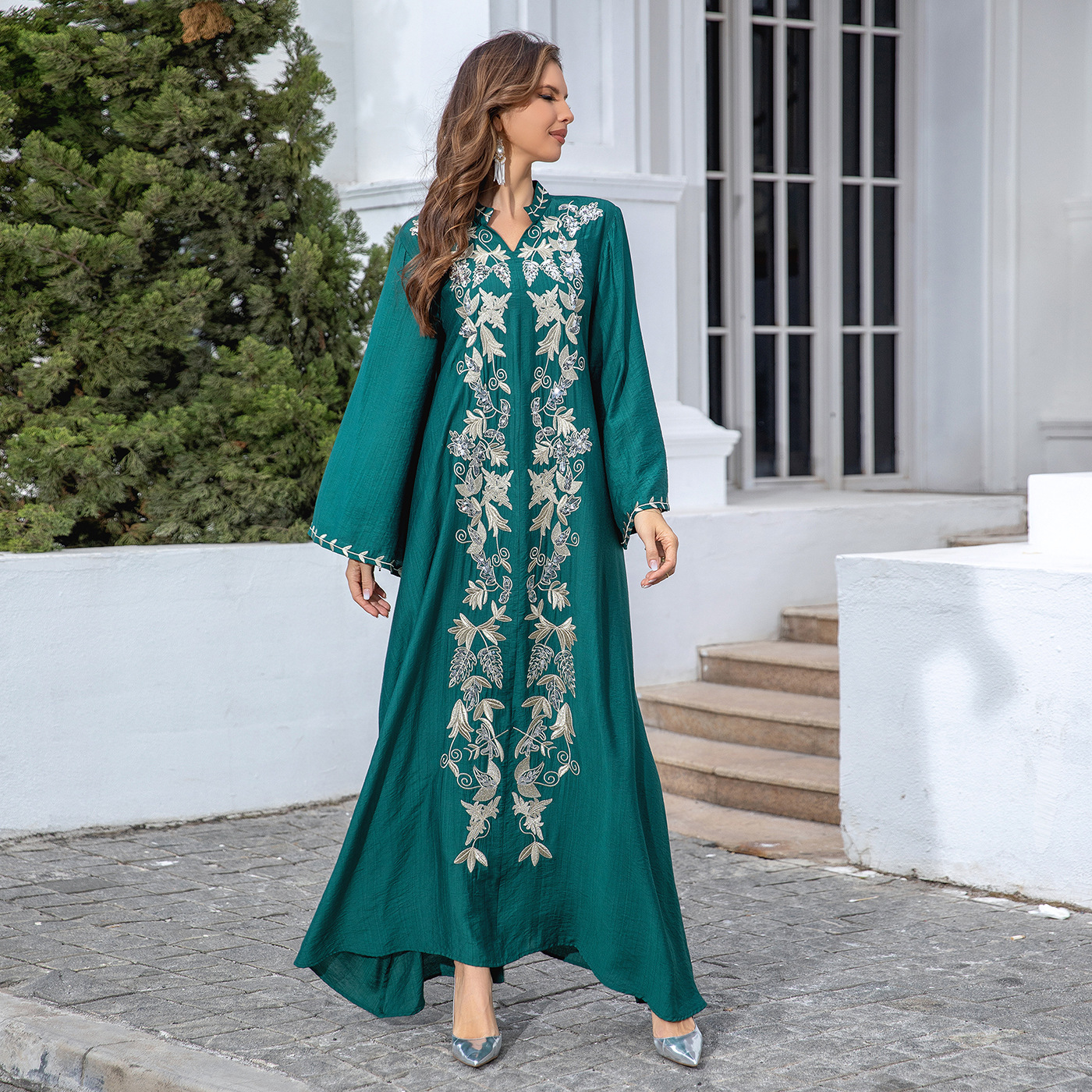 Embroidered Collared V-Neck Abaya Dress - Moroccan Kaftan