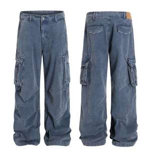 Pantalon de travail bleu rétro vintage pour hommes 100% coton ample jambe droite jeans décontractés multi-poches Style français couleur unie taille - Product Image 3