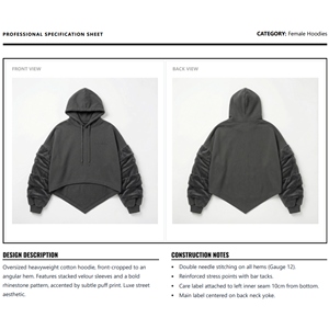 Sweat à capuche pour femme 2026, poids lourd, 500 g/m², en molleton de coton, avec badge en strass thermocollé, style punk, crop top, pull, vente en gros, streetwear - Product Image 6
