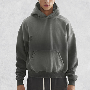 Qualité de luxe 400GSM hommes sweats à capuche singe lavage Streetwear polaire déchiré en détresse goutte épaule sweats à capuche courts - Product Image 1