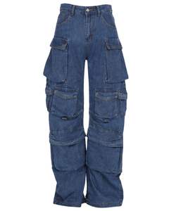 Pantalon cargo en jean à taille haute et jambes larges pour femmes, fabriqué sur mesure, bleu clair délavé, multi-poches, streetwear, décontracté, tendance - Product Image 1