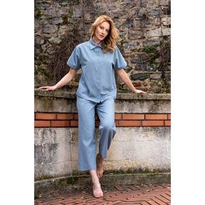 Ensemble pantalon et chemise à manches courtes en coton pour femme avec poches - Bleu - Bleu - Product Image 3