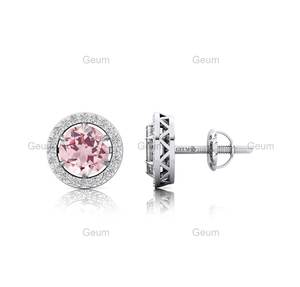 Pendientes de tuerca de piedras preciosas de morganita y diamante blanco genuino de tendencia en oro sólido de 18 quilates, lujosos pendientes de tuerca solitarios al por mayor - Product Image 6