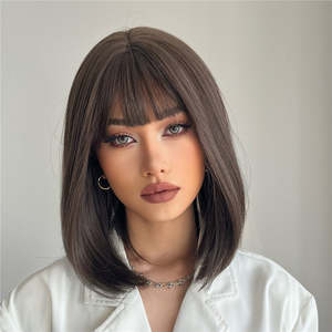 Delilah-DWY Short Bob Lace Front <b>Wig</b> Dark <b>Brown</b> Synthetic Fiber with Bangs Small Cap Size for Women - Product Image 2