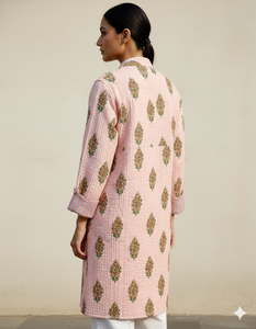 Veste en coton à imprimé floral matelassée à manches longues respirante avec boutons décoratifs 2 poches Vêtement long Hiver pour le printemps - Product Image 2