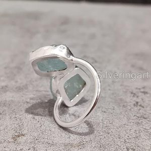 Anillo de Mujer con Piedra Natural de Aguamarina, Piedra de Nacimiento de Marzo, Anillo Ajustable de Doble Piedra, Joyería Hecha a Mano, Anillo de Plata de Ley 925 - Product Image 6