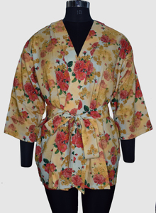 Beau court Kimono peignoir imprimés floraux vêtements de nuit d'été exotique Sexy en coton Modal ZR Robe pour la douche - Product Image 3