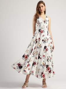 Robe midi ajustée et évasée à imprimé floral pour femmes avec col en V, crêpe confortable - Product Image 5