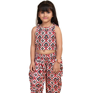 Ensemble de fête ethnique en coton pour enfants Shoryam - Choli sans manches élégant à imprimé géométrique et pantalon Dhoti traditionnel pour filles, livraison rapide - Product Image 1