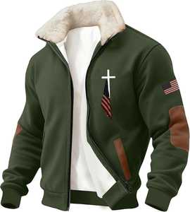 Blouson bomber zippé pour homme en polaire noir à col montant avec logo frontal, imprimé drapeau américain et croix, coupe classique, style moto hiver - Product Image 4
