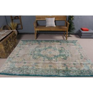 พรมตุรกีขนาด 5.5x7.2 ฟุต สีน้ำเงินเขียว ลายอิคัต ทำจากขนสัตว์ - Product Image 3