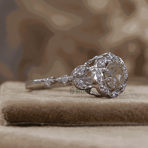 Off-White 6MM Round Cut Moissanite Halo Floral Style Sterling Silver Prong <b>Set</b> Engagement <b>Ring</b> for <b>Women</b> - Product Image 4
