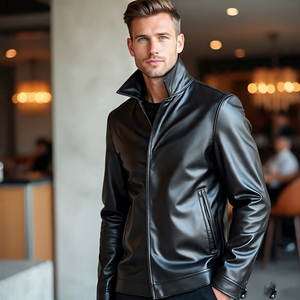 แจ็กเก็ตหนัง PU สำหรับผู้ชาย, แจ็กเก็ตหนังสีล้วนสำหรับขี่มอเตอร์ไซค์ - Product Image 2