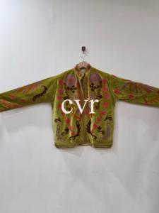 Chaqueta de Terciopelo con Bordado Floral a Mano, Talla Grande para Mujer, Cuello Mao, Manga Larga, Cierre de Cremallera, para Otoño - Product Image 3