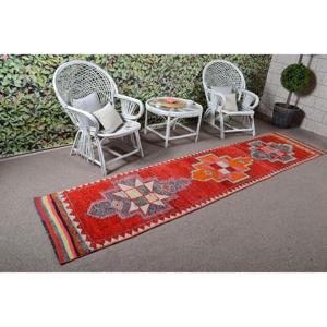 Vintage 2.5x11.3 ft Turkish <b>Red</b> Abstract <b>Wool</b> Rug Eco Friendly Patchwork Latex Backed - Product Image 2