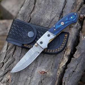 Hand Forged Stainless Damascus Steel Folding Knife Pakka Wood Handle <b>Leather</b> Sheath 8-Inch EDC Utility Gift 58HRC Hardness OEM - Product Image 4