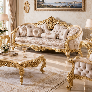 Set di Divani di Lusso per Soggiorno con Tavolini e Sedie in Velluto e Legno Massello, Stile Reale Turco Fatto a Mano - Product Image 1
