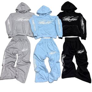 Ensemble deux pièces pour homme, sweat-shirt et pantalon de survêtement en polaire respirant, avec logo personnalisé imprimé, appliqué de strass, brodé, taille plus - Product Image 1