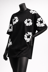 T-shirt pour femmes de qualité supérieure, noir, imprimé floral, coton, coupe ample, décontracté, streetwear, col rond, manches courtes - Product Image 4