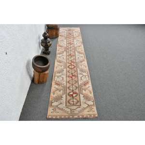 Tapis Turc Vintage Beige Rouge 2X9.5ft Grande Surface Laine Patchwork Design Latex Support pour Couloir Chambre à coucher Chambre Tapis de Chevet - Product Image 1