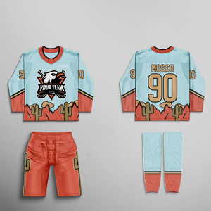 Ensemble d'uniformes de hockey sur glace personnalisés, thème désert, logo d'aigle, bleu clair, orange, noir, or, vêtements de sport d'équipe sublimés professionnels - Product Image 1
