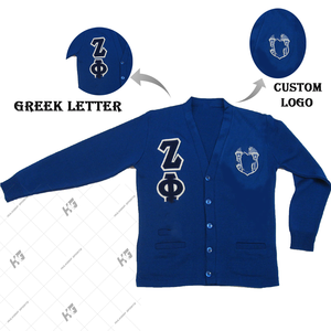 Fraternity ZPB Custom Knitted Cashmere Sorority <b>Cardigan</b> V-Neck Varsity Chenille Crest Logo Winter Casual Style Front Button - Product Image 1