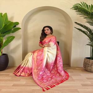 Sari de Seda Elegante de Dos Tonos VASTRA COTTAGE con Tejido Zari en Toda la Superficie, Pallu de Contraste, Sari Tradicional para Fiestas - Product Image 1