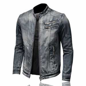 Chaqueta vaquera personalizada con cremallera para hombre, chaqueta utilitaria de 100% algodón con cuello levantado, chaqueta vaquera vintage lavada - Product Image 1