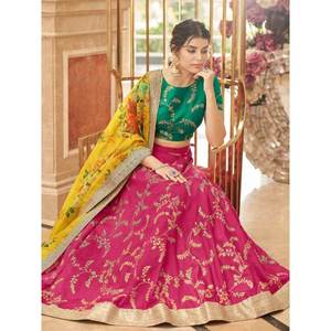 Robe de soirée en soie artificielle rose fascinante, style lehenga choli, robe de bal longue jusqu'au sol avec manches courtes et col haut - Product Image 4