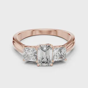 Trio <b>Emerald</b> & Princess Diamond <b>Ring</b> in 925 <b>Silver</b>/Yellow Gold Plated VVS Clarity 0.33/0.50 Carat - Product Image 4