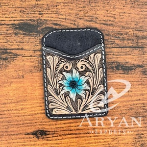 Porte-cartes en cuir repoussé de luxe fabriqués à la main pour femmes Turquoise Floral en cuir véritable petit portefeuille Western porte-cartes en peau de vache - Product Image 1