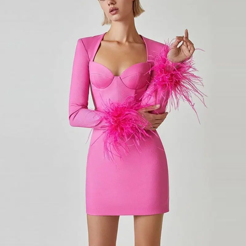Design Elegant Mini Long Sleeve Bodycon Evening Party Luxury Skims Pink Ostrich Feather Sexy Women Mini Formal Blazer Dresses