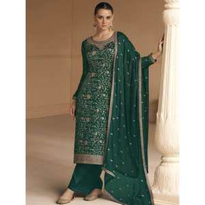 Fantástico Traje Palazzo de Seda Suave para Mujer, Verde con Diseño Bordado - Product Image 4