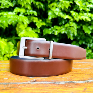 Ceinture en cuir réversible marron de qualité supérieure pour homme Double face en laiton et zinc Longueur personnalisée Profil formel à la mode Accessoire en cuir - Product Image 1