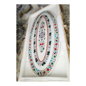 Pietra Dura หินอ่อนสีขาวขัดเงาแบบฝังด้านบนทำมือรูปทรงรี - Product Image 1